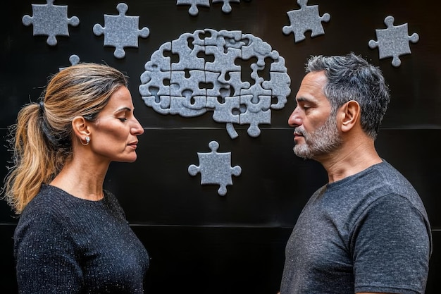 Couple engaged in a puzzle of thoughts visually representing the complexity of relationships