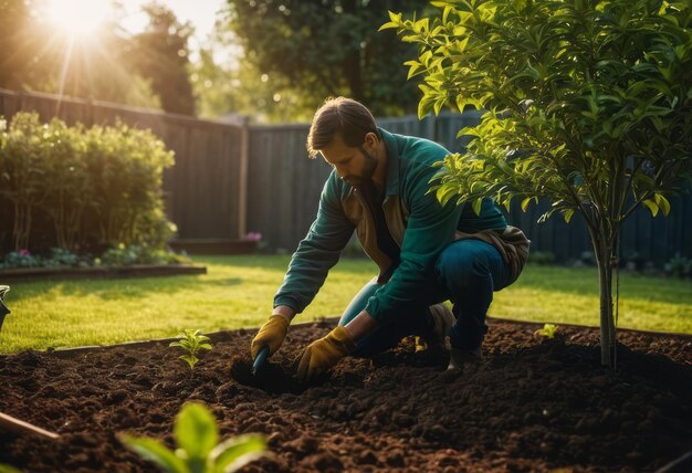 A couple engages in gardening together planting in their lush backyard garden