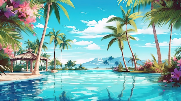 Couple enjoying beach vacation holidays at tropical resort with swimming pool Generative ai