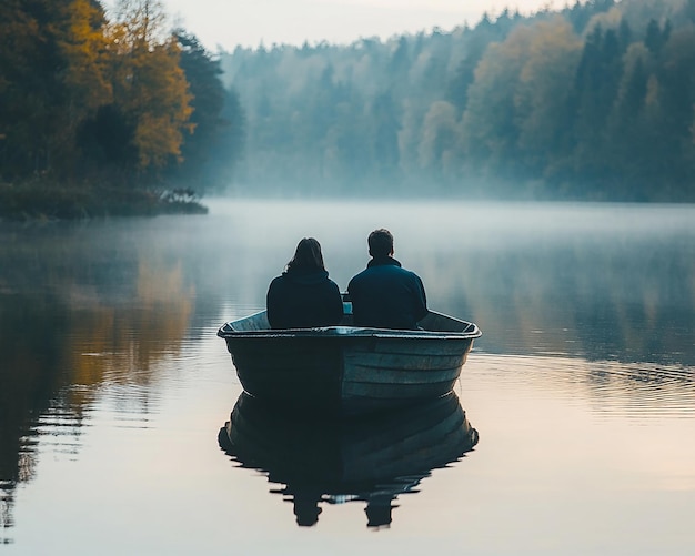 Photo couple enjoying a boat ride on a calm lake