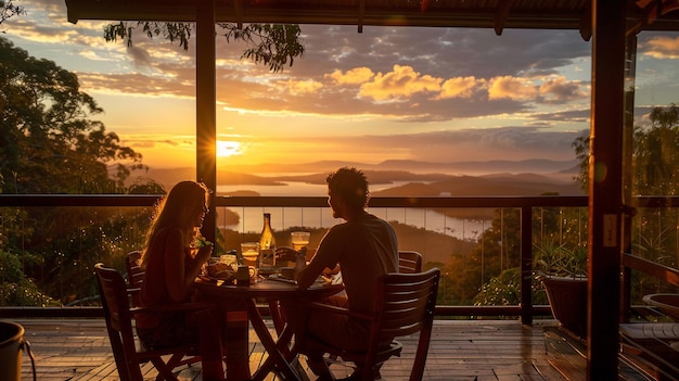 Couple enjoying breakfast on private balcony at sunrise