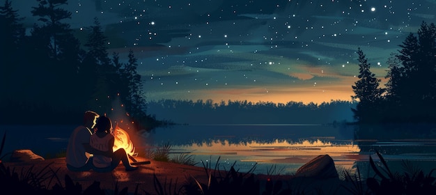 Photo couple enjoying campfire by lakeside at night under starry sky with mosquito repellent candles