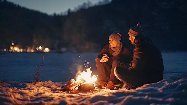 Couple Enjoying a Cozy Campfire in the Winter Wilderness