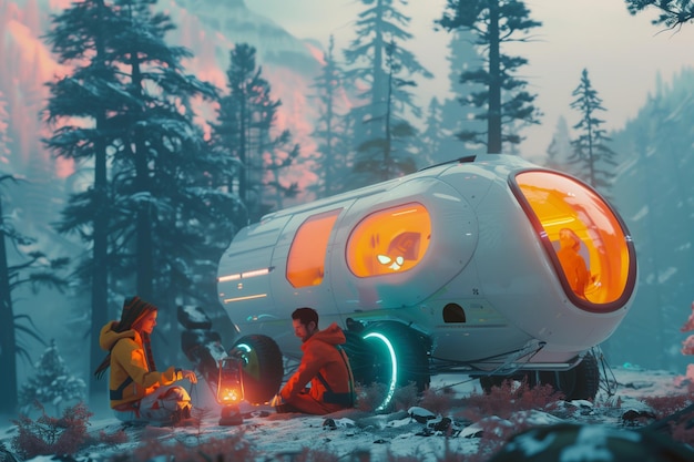 Couple enjoying a futuristic camping trip roasting marshmallows by the campfire under starry night