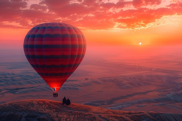 Photo couple enjoying a hot air balloon ride at sunrise free space for text