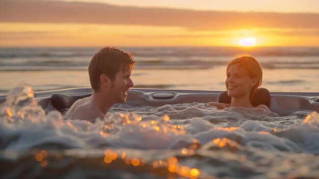 A couple enjoying a hot tub near the ocean at sunset sharing a relaxing and romantic moment