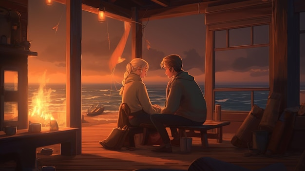 Couple enjoying moment in beach with fireplace digital art illustration Generative AI