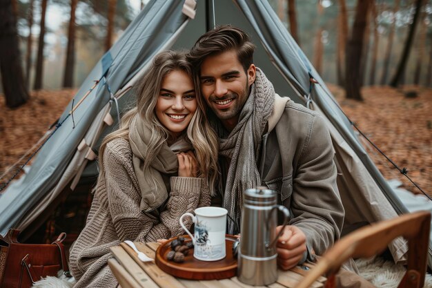 A couple enjoying nature in a tent smiling in the forest while camping