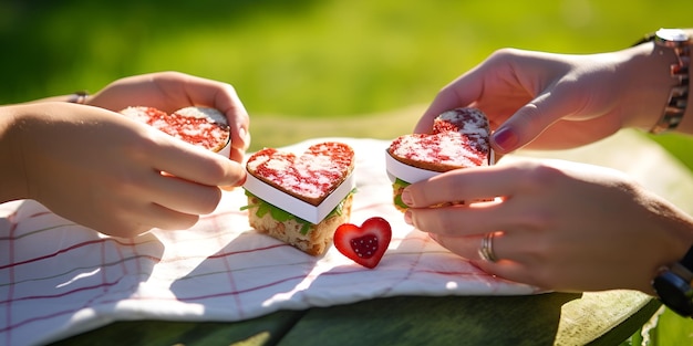 A couple enjoying a picnic with heartshaped balloons couple picnic heartshaped balloons