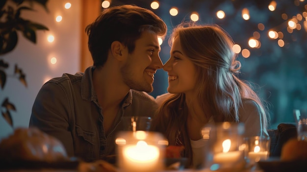 Couple enjoying a quiet dinner at home their faces glowing with contentment symbolizing their deep emotional bond and the comfort of each others presence