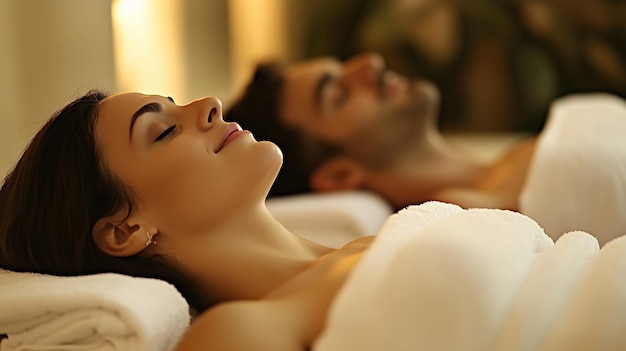 Photo couple enjoying a relaxing spa treatment together in a tranquil setting during a serene afternoon