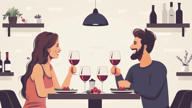 Photo couple enjoying romantic dinner with wine