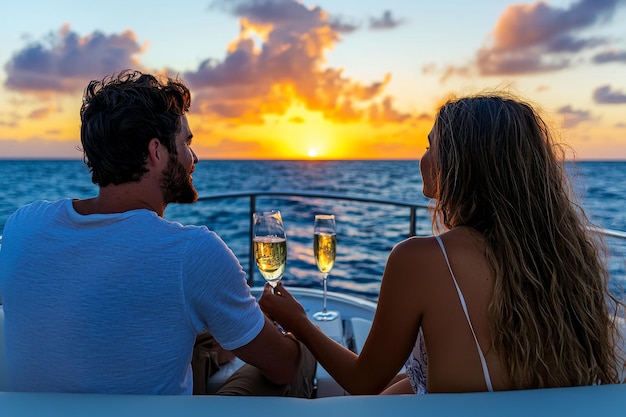 A couple enjoying a romantic sunset cruise on a luxurious yacht realistic love ocean highquality yacht sunset hues champagne romance elegance serenity