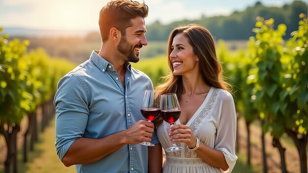 Photo couple enjoying a romantic sunset wine tasting in a vineyard during warm summer evening strolls in the countryside