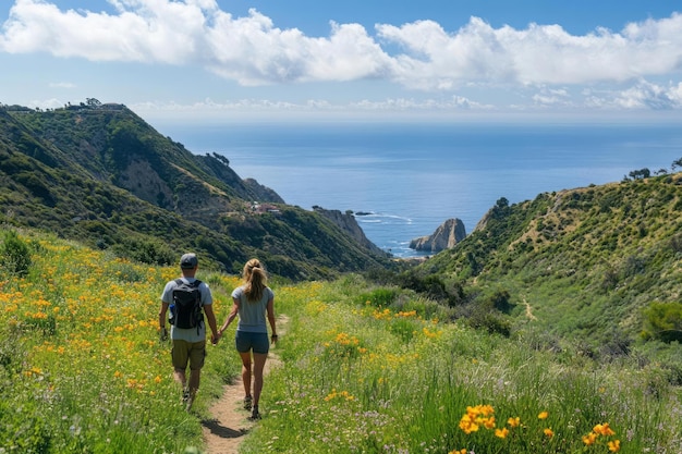 A couple enjoying a scenic hike on one of Catalina Island many trails surrounded by lush greenery