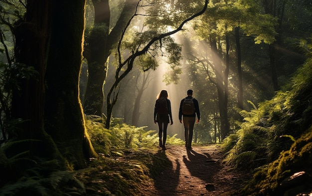 A Couple Enjoying a Scenic Hike Through a Lush Forest