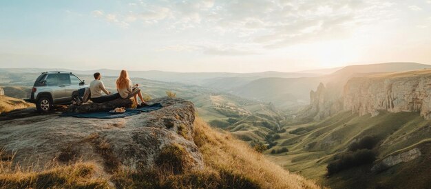 Photo couple enjoying a scenic mountaintop view at sunset