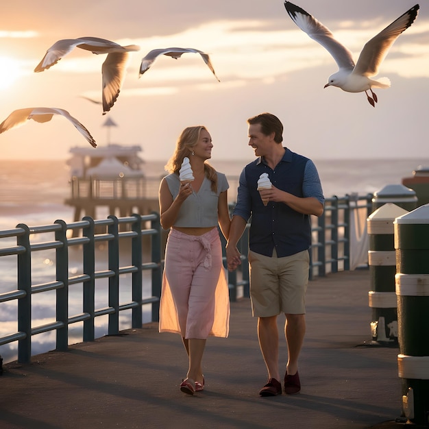 A couple enjoying softserve ice cream cones during a sunset walk along the pier with seagulls