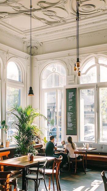 A Couple Enjoying a Sunny Afternoon in a Cafe with Ornate Ceilings