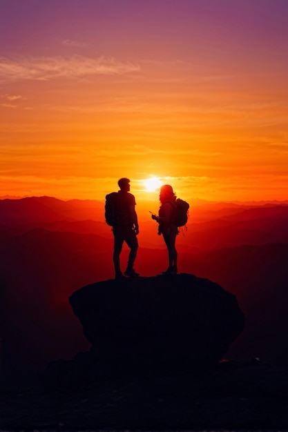 Photo couple enjoying sunset hike on mountain top