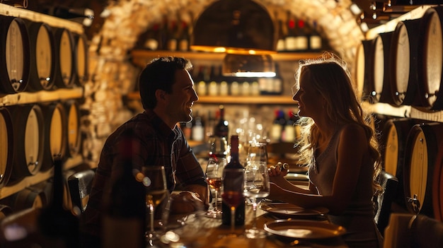 Couple enjoying wine tasting in hotel cellar