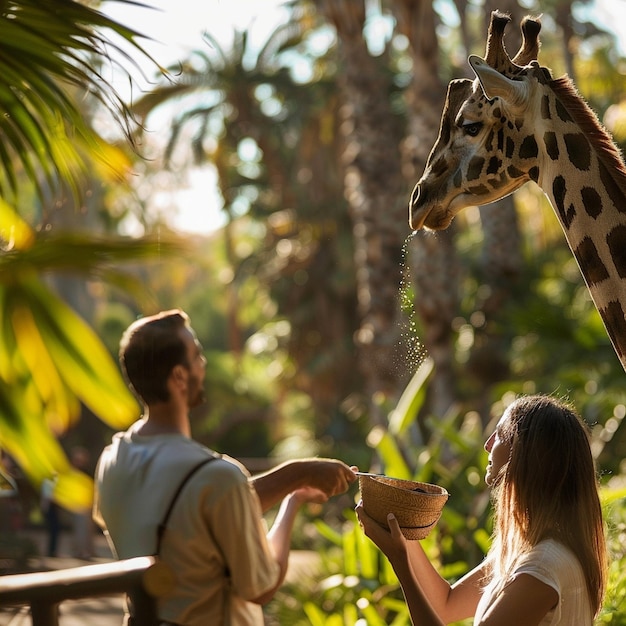 Couple enjoys giraffe feeding by trees