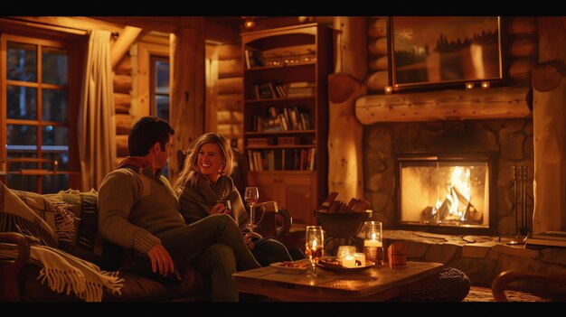 A couple enjoys a romantic evening by the fireplace in a cozy cabin