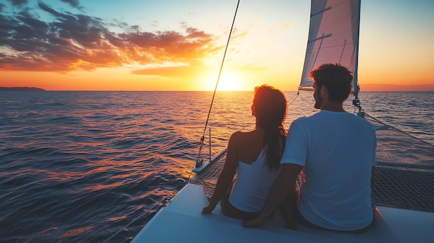 A couple enjoys a romantic sunset cruise on a sailboat