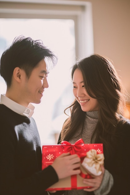 a couple exchanging gifts on White Day