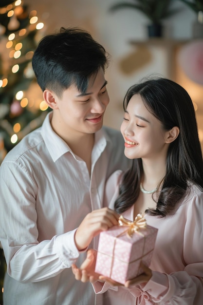 a couple exchanging gifts on White Day