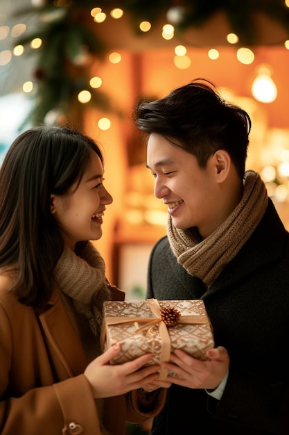 a couple exchanging gifts on White Day