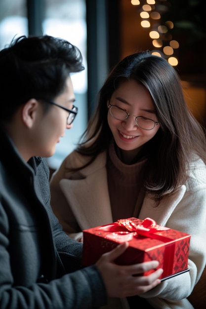 a couple exchanging gifts on White Day