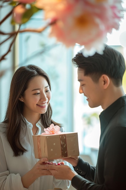 a couple exchanging gifts on White Day