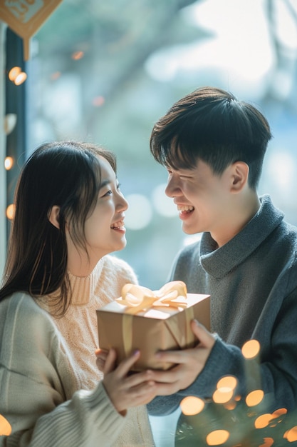 a couple exchanging gifts on White Day