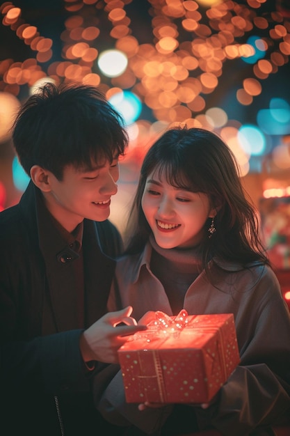 a couple exchanging gifts on White Day