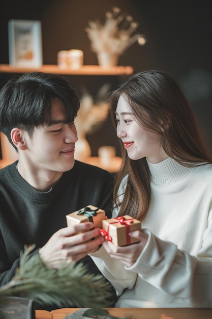 a couple exchanging gifts on White Day