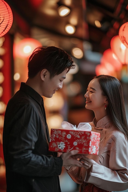 a couple exchanging gifts on White Day