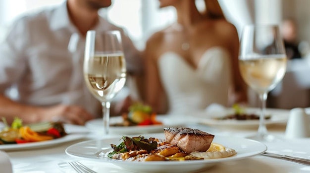 couple in an expensive restaurant in a restaurant in white colors