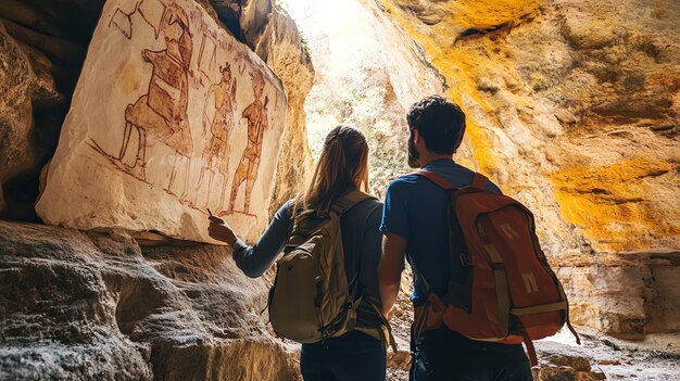 Photo couple exploring a cave with ancient cave paintings