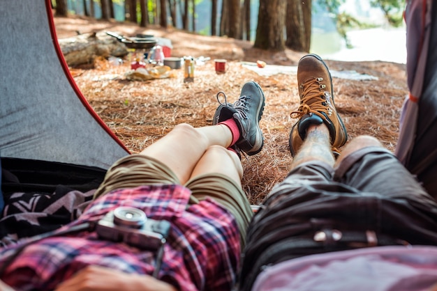 Photo couple exploring trip holiday concept