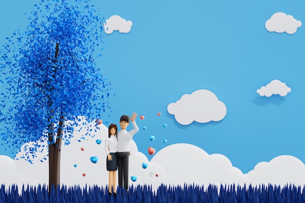 Couple fall in love in field under the tree with sky and cloud valentine's Day celebration 3D render