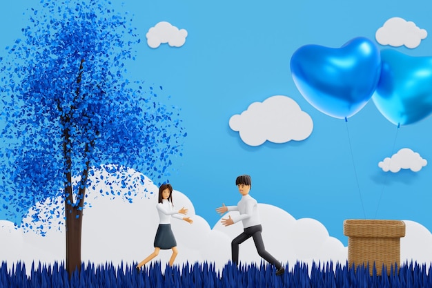 Couple fall in love in field under the tree with sky and cloud valentine's Day celebration 3D render