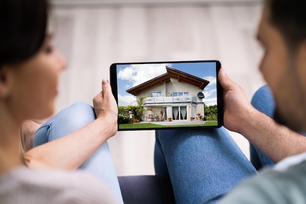 Photo couple family searching real estate online