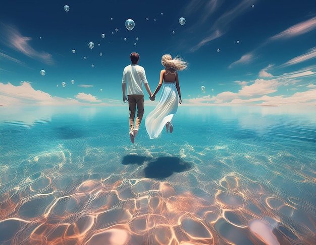 Couple on Fantasy Beach during Summer Holiday Clear Water with Dreamlike Seaside Romance