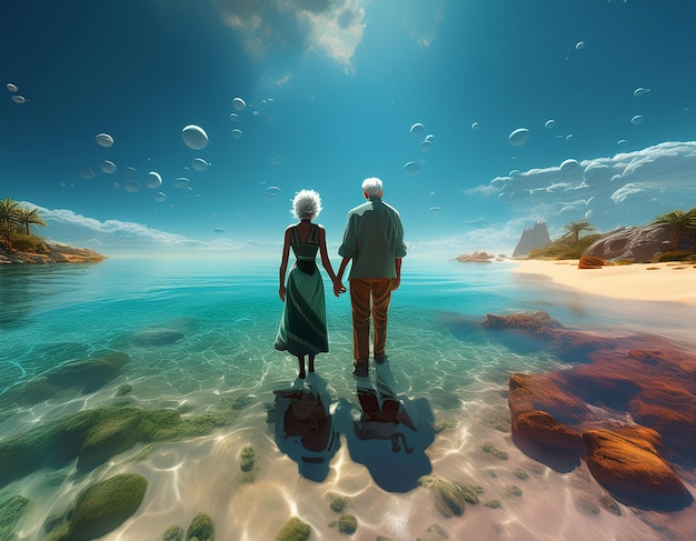 Couple on Fantasy Beach during Summer Holiday Walking on Water with Dreamlike Seaside Romance