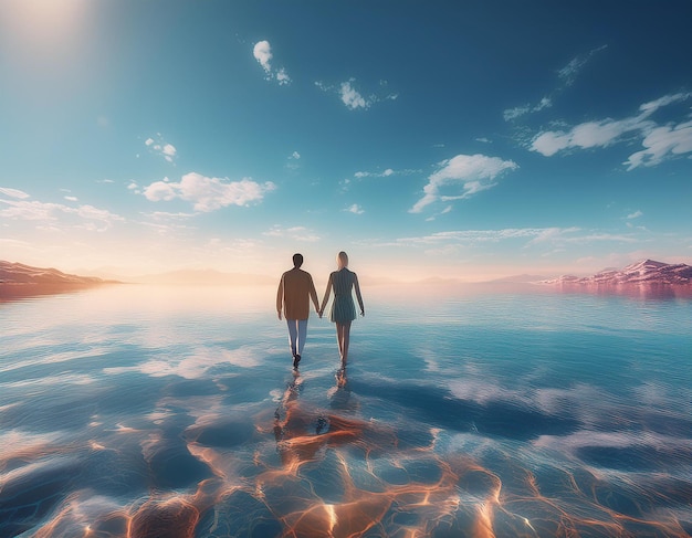 Couple on Fantasy Beach during Summer Holiday Walking on Water with Dreamlike Seaside Romance