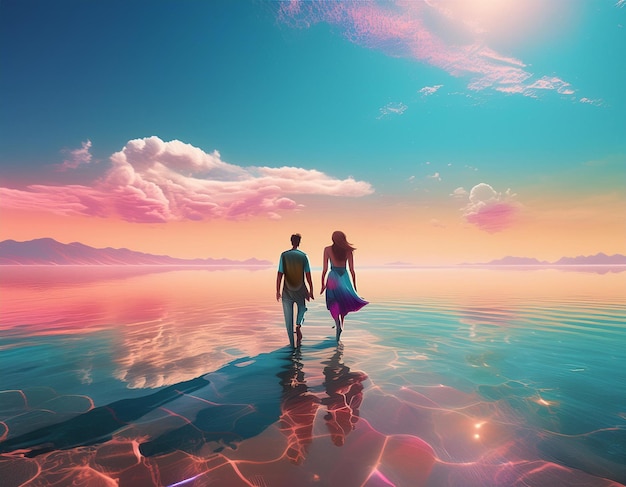 Couple on Fantasy Beach during Summer Holiday Walking on Water with Dreamlike Seaside Romance