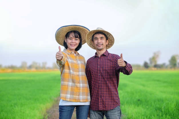 Couple farmers man and woman standing and thumb up at green rice farm.