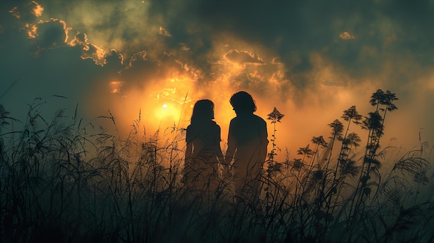 a couple in a field of flowers and the sun behind them