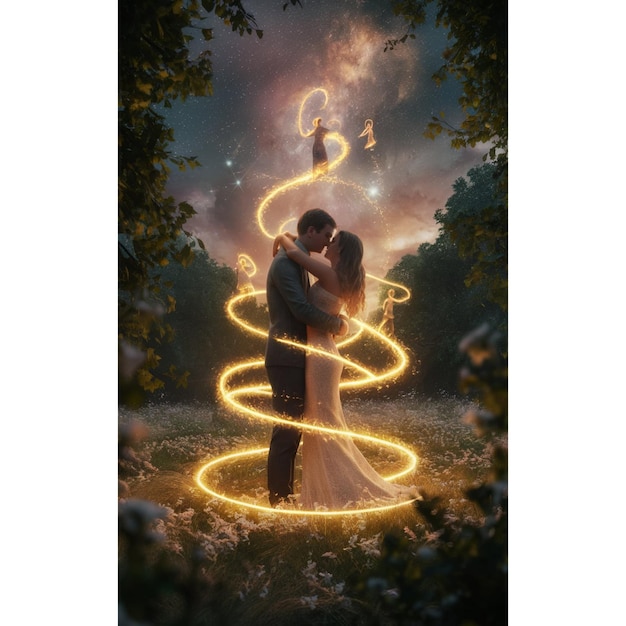 a couple in a field of flowers with a circle of lights around them